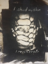 A1 image on watercolour paper, made in dark room, photographic gel brushed onto paper. The image is one of many I made by making glass projector slides with shed snake skins from Bristol Zoo, projected onto my face and body. It was the time of Dolly the sheep - wondering whether we could, in the future, change our bodies like this.